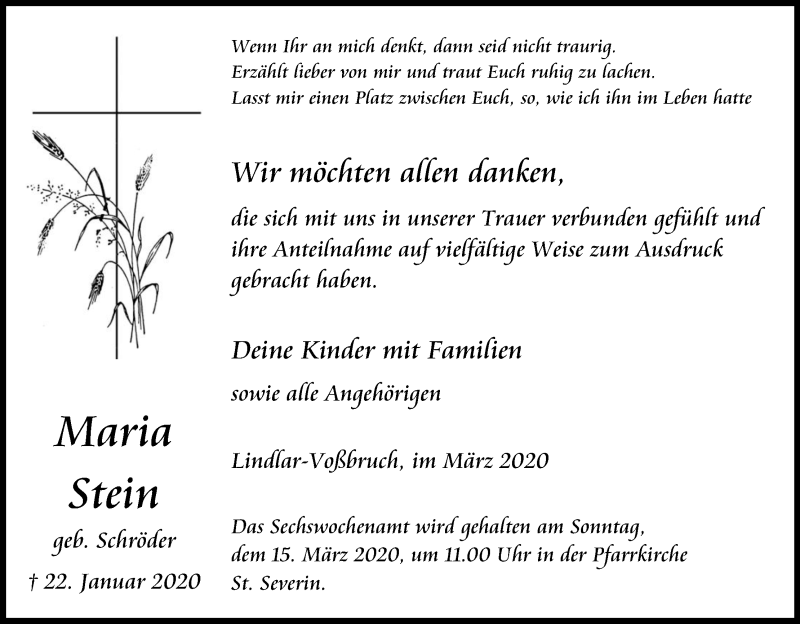  Traueranzeige für Maria Stein vom 07.03.2020 aus Kölner Stadt-Anzeiger / Kölnische Rundschau / Express