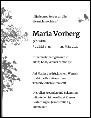 Anzeige von Maria Vorberg von Kölner Stadt-Anzeiger / Kölnische Rundschau / Express
