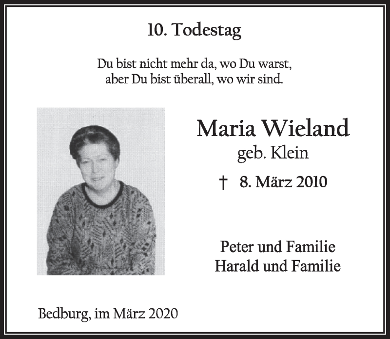  Traueranzeige für Maria Wieland vom 07.03.2020 aus  Sonntags-Post 