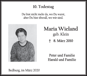 Anzeige von Maria Wieland von  Sonntags-Post 