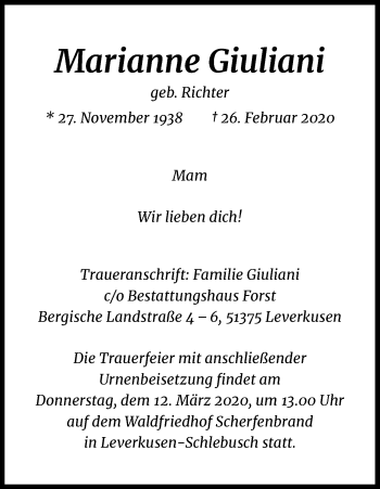 Anzeige von Marianne Giuliani von Kölner Stadt-Anzeiger / Kölnische Rundschau / Express