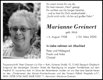 Anzeige von Marianne Greinert von Kölner Stadt-Anzeiger / Kölnische Rundschau / Express