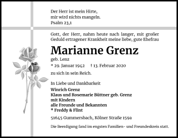 Anzeige von Marianne Grenz von Kölner Stadt-Anzeiger / Kölnische Rundschau / Express