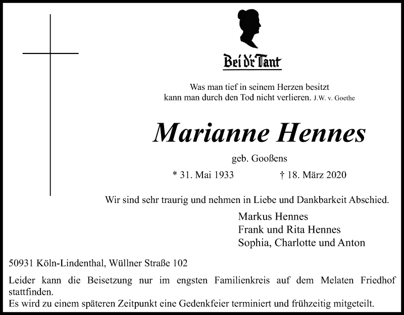  Traueranzeige für Marianne Hennes vom 21.03.2020 aus Kölner Stadt-Anzeiger / Kölnische Rundschau / Express