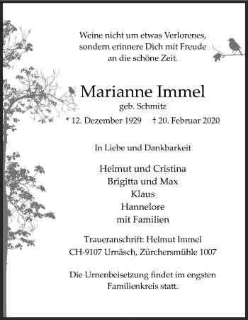 Anzeige von Marianne Immel von Kölner Stadt-Anzeiger / Kölnische Rundschau / Express