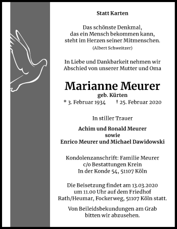 Anzeige von Marianne Meurer von Kölner Stadt-Anzeiger / Kölnische Rundschau / Express