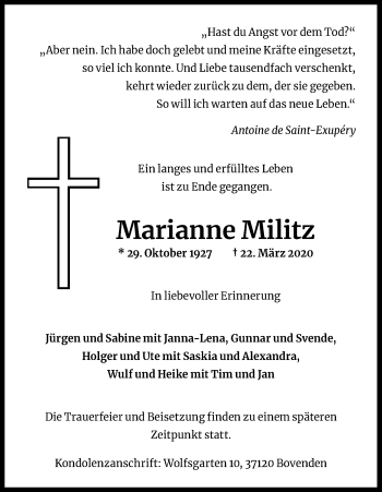 Anzeige von Marianne Militz von Kölner Stadt-Anzeiger / Kölnische Rundschau / Express