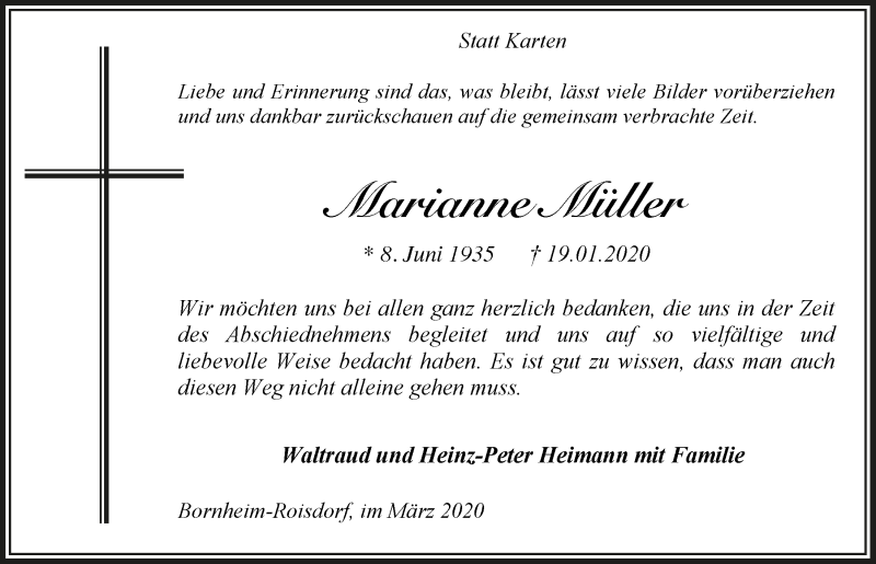  Traueranzeige für Marianne Müller vom 11.03.2020 aus  Schaufenster/Blickpunkt 