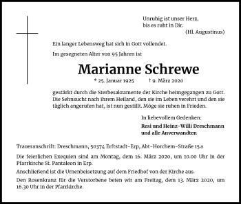 Anzeige von Marianne Schrewe von Kölner Stadt-Anzeiger / Kölnische Rundschau / Express