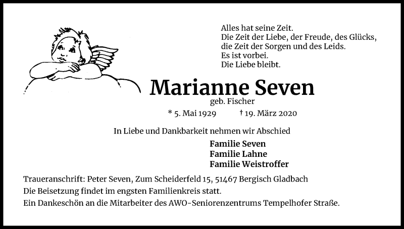  Traueranzeige für Marianne Seven vom 25.03.2020 aus Kölner Stadt-Anzeiger / Kölnische Rundschau / Express