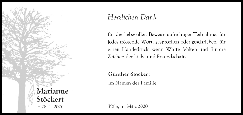  Traueranzeige für Marianne Stöckert vom 07.03.2020 aus Kölner Stadt-Anzeiger / Kölnische Rundschau / Express