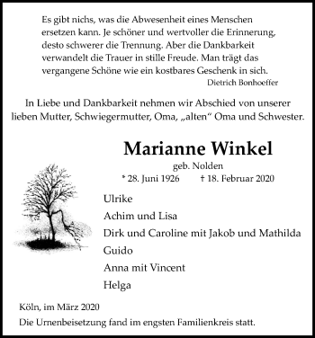 Anzeige von Marianne Winkel von Kölner Stadt-Anzeiger / Kölnische Rundschau / Express