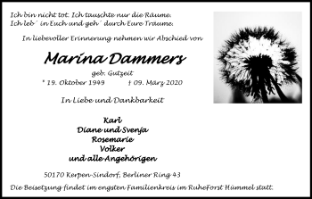 Anzeige von Marina Dammers von Kölner Stadt-Anzeiger / Kölnische Rundschau / Express