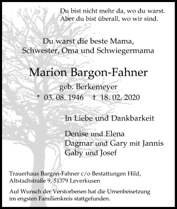 Anzeige von Marion Bargon-Fahner von Kölner Stadt-Anzeiger / Kölnische Rundschau / Express