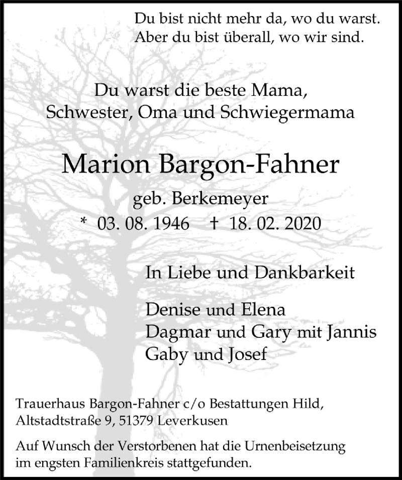  Traueranzeige für Marion Bargon-Fahner vom 07.03.2020 aus  Leverkusener Wochenende 