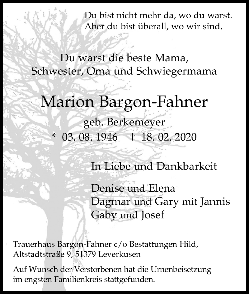  Traueranzeige für Marion Bargon-Fahner vom 07.03.2020 aus Kölner Stadt-Anzeiger / Kölnische Rundschau / Express