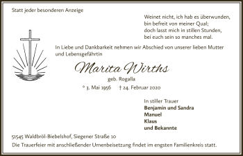 Anzeige von Marita Wirths von  Lokalanzeiger 