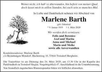 Anzeige von Marlene Barth von Kölner Stadt-Anzeiger / Kölnische Rundschau / Express