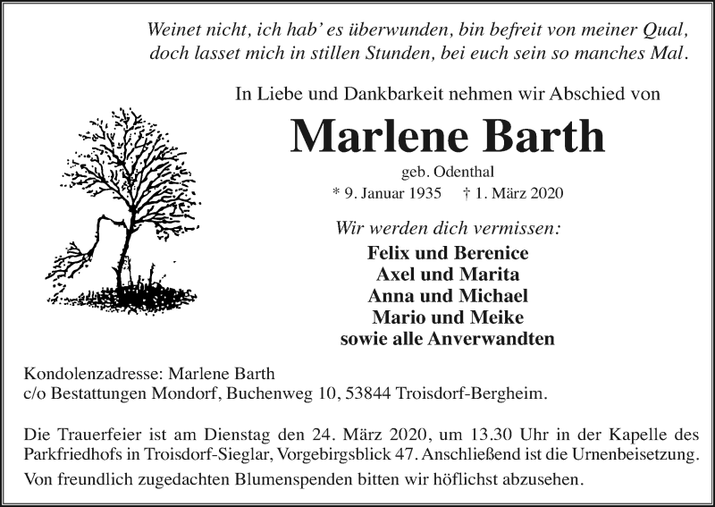 Traueranzeige für Marlene Barth vom 07.03.2020 aus Kölner Stadt-Anzeiger / Kölnische Rundschau / Express