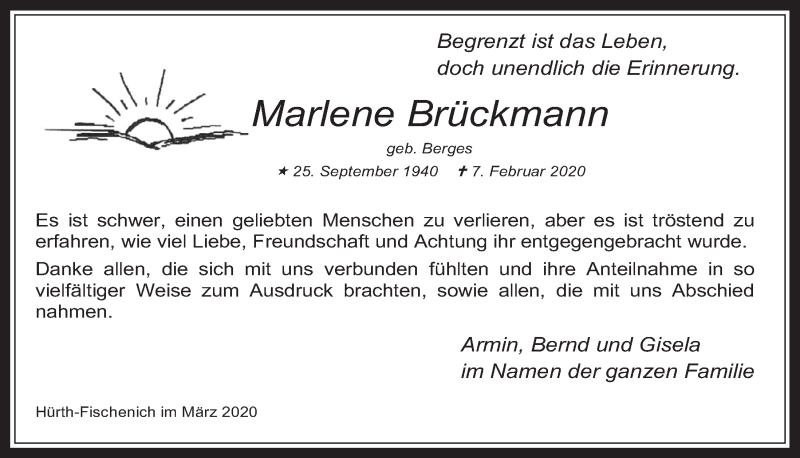  Traueranzeige für Marlene Brückmann vom 18.03.2020 aus  Wochenende 