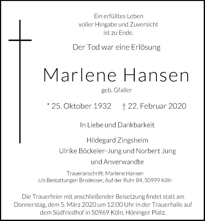 Traueranzeige für Marlene Hansen vom 03.03.2020 aus Kölner Stadt-Anzeiger / Kölnische Rundschau / Express