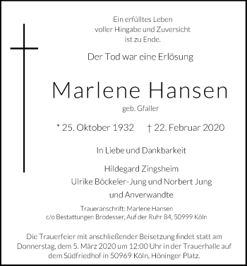 Anzeige von Marlene Hansen von Kölner Stadt-Anzeiger / Kölnische Rundschau / Express