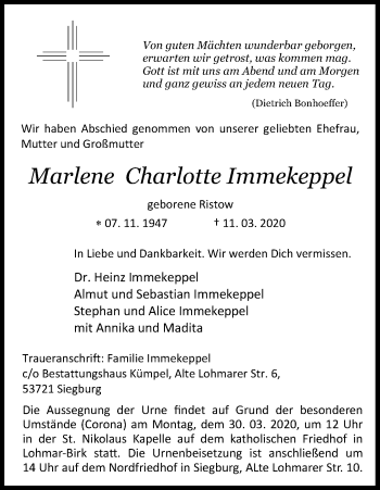 Anzeige von Marlene Charlotte Immekeppel von Kölner Stadt-Anzeiger / Kölnische Rundschau / Express