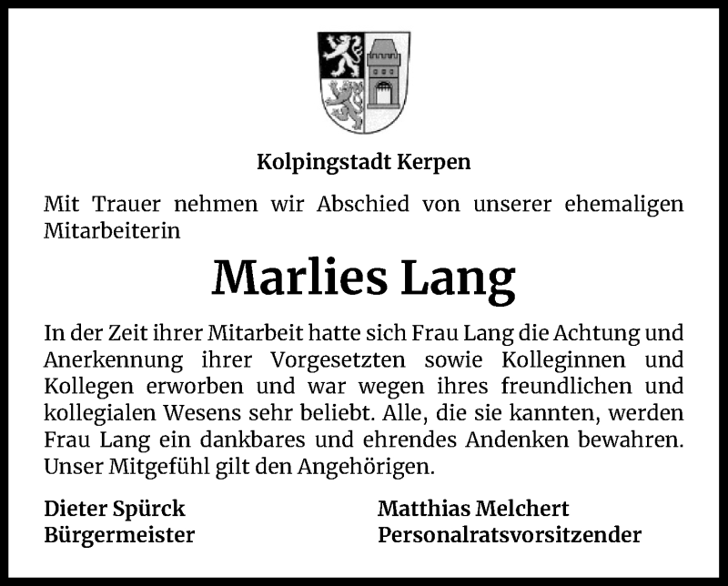  Traueranzeige für Marlies Lang vom 21.03.2020 aus Kölner Stadt-Anzeiger / Kölnische Rundschau / Express