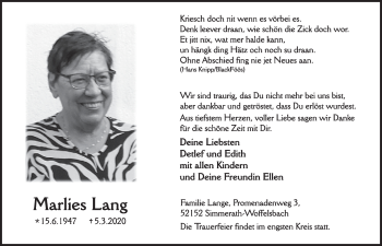 Anzeige von Marlies Lang von  Sonntags-Post 