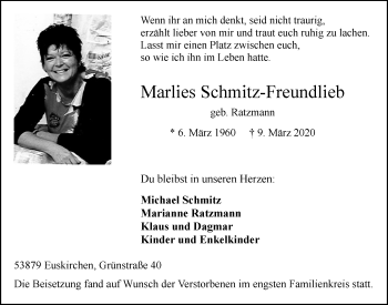 Anzeige von Marlies Schmitz-Freundlieb von  Blickpunkt Euskirchen 