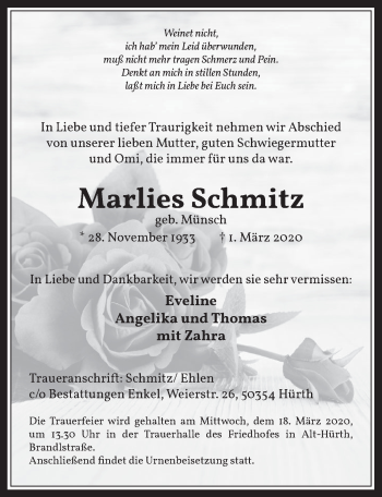 Anzeige von Marlies Schmitz von  Wochenende 