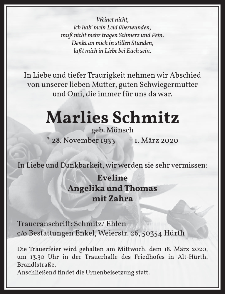  Traueranzeige für Marlies Schmitz vom 11.03.2020 aus  Wochenende 