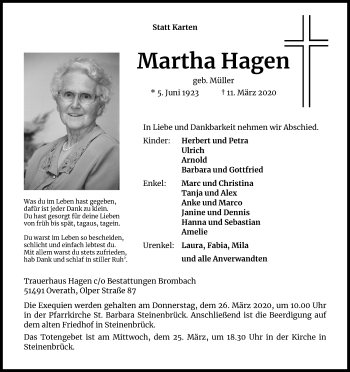 Anzeige von Martha Hagen von Zeitungsgruppe Köln