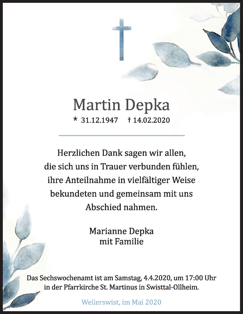  Traueranzeige für Martin Depka vom 14.03.2020 aus Zeitungsgruppe Köln