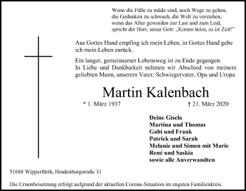 Anzeige von Martin Kalenbach von Kölner Stadt-Anzeiger / Kölnische Rundschau / Express