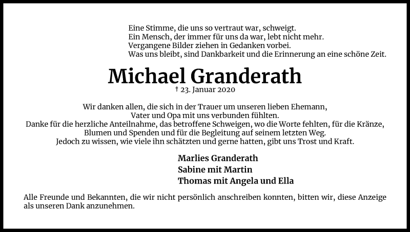  Traueranzeige für Michael Granderath vom 28.03.2020 aus Kölner Stadt-Anzeiger / Kölnische Rundschau / Express