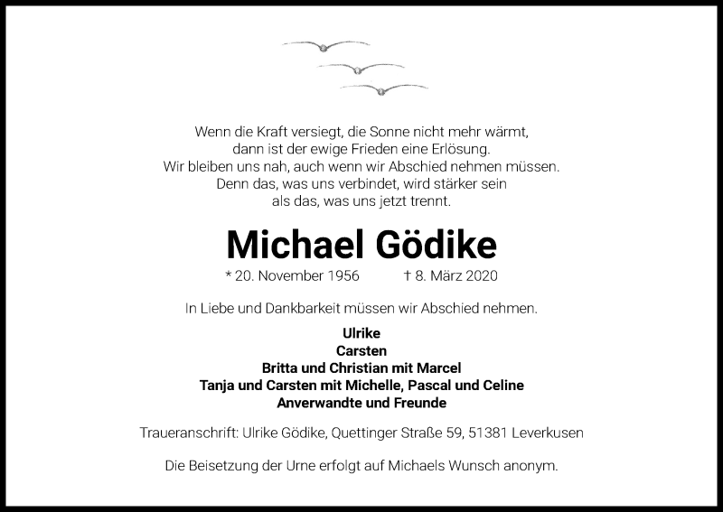  Traueranzeige für Michael Gödike vom 18.03.2020 aus Zeitungsgruppe Köln