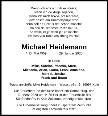 Anzeige von Michael Heidemann von Kölner Stadt-Anzeiger / Kölnische Rundschau / Express