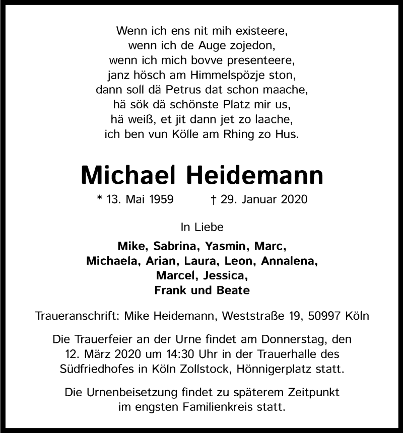  Traueranzeige für Michael Heidemann vom 07.03.2020 aus Kölner Stadt-Anzeiger / Kölnische Rundschau / Express