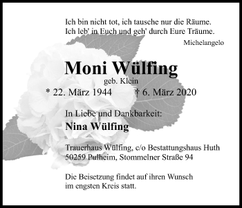 Anzeige von Moni Wülfing von Zeitungsgruppe Köln