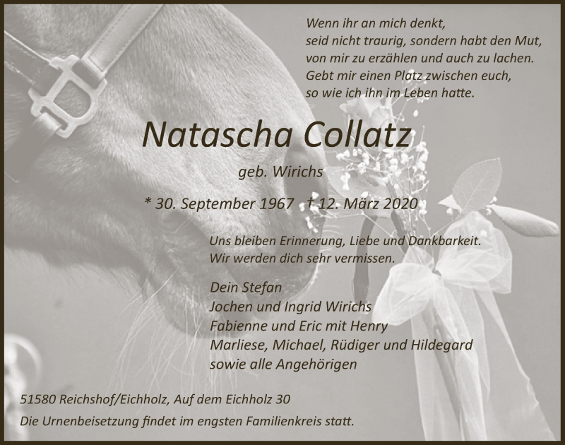  Traueranzeige für Natascha Collatz vom 18.03.2020 aus  Lokalanzeiger 