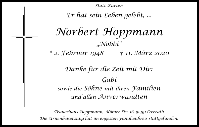  Traueranzeige für Norbert Hoppmann vom 25.03.2020 aus Kölner Stadt-Anzeiger / Kölnische Rundschau / Express