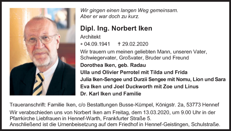  Traueranzeige für Norbert Iken vom 07.03.2020 aus Kölner Stadt-Anzeiger / Kölnische Rundschau / Express