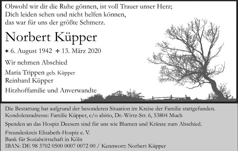  Traueranzeige für Norbert Küpper vom 21.03.2020 aus Kölner Stadt-Anzeiger / Kölnische Rundschau / Express