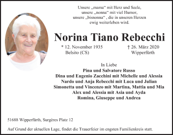 Anzeige von Norina Tiano Rebecchi von Kölner Stadt-Anzeiger / Kölnische Rundschau / Express