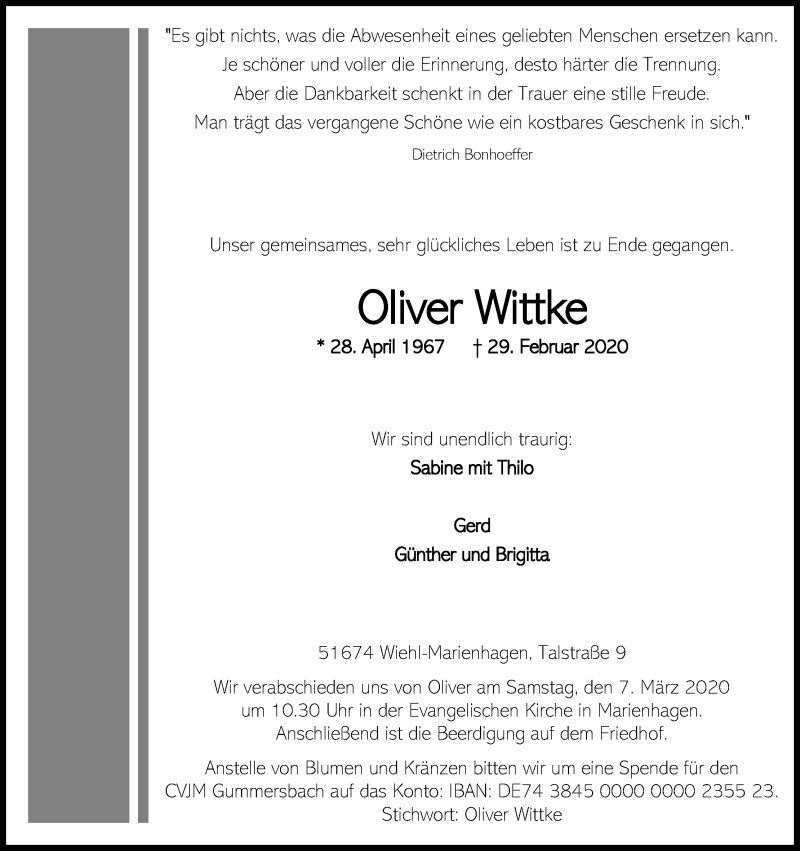  Traueranzeige für Oliver Wittke vom 04.03.2020 aus Kölner Stadt-Anzeiger / Kölnische Rundschau / Express