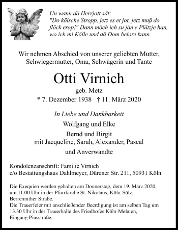 Anzeige von Otti Virnich von Zeitungsgruppe Köln