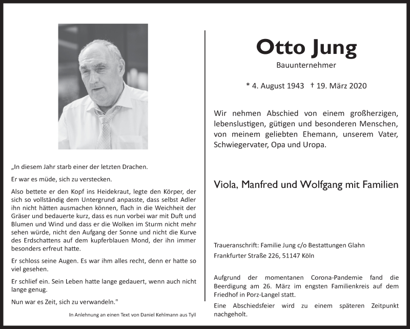  Traueranzeige für Otto Jung vom 27.03.2020 aus  Kölner Wochenspiegel 