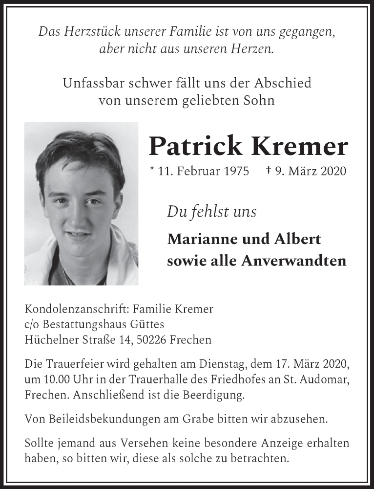  Traueranzeige für Patrick Kremer vom 14.03.2020 aus  Sonntags-Post 