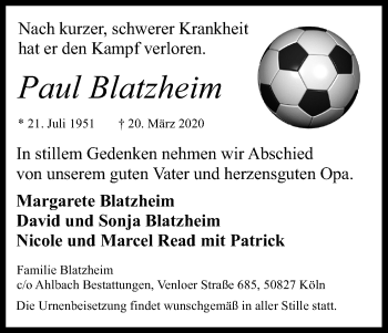 Anzeige von Paul Blatzheim von Kölner Stadt-Anzeiger / Kölnische Rundschau / Express